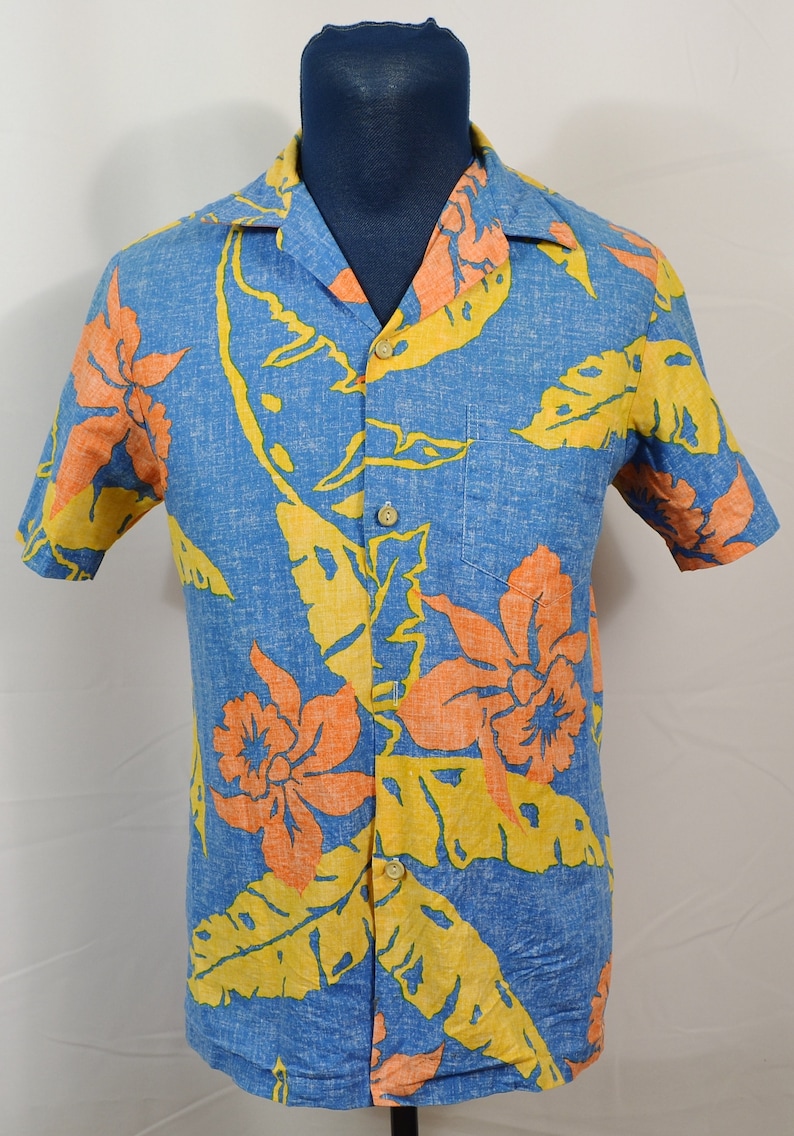 Vintage 1980/'s RJC Hawaiian Shirt Reverse Print Made in USA Flower Hibiscus Button Front Short Sleeve Medium Blue Hawaii Surf Beach Floral