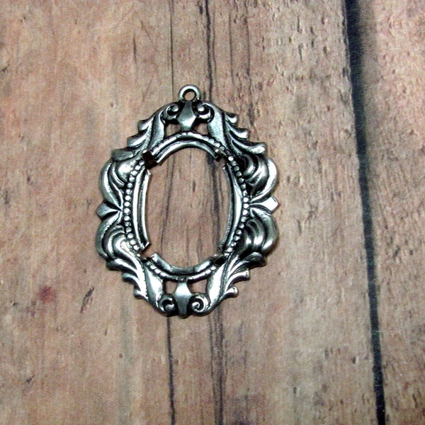 Oxidized Sterling Silver Plated Brass Fancy Prong Setting Pendant, 4 Prong Victorian Setting, Open Back Setting, Pendant Setting, 18x13mm