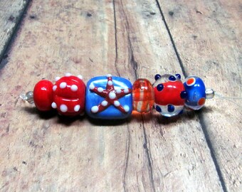 Red and Blue Ocean Themed Lampwork Beads, Red Starfish Lampwork Beads, Rondelle Lampwork Beads, Rectangle Lampwork Beads, Red and Blue Beads