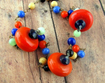 Orange Glass Beaded Necklace, Handmade Glass Beads, Destash, 15" Necklace, OOAK