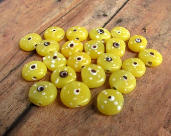 Yellow Lampwork Eye Beads, Lampwork Beads, Handmade Beads, Yellow Beads, Eye Beads, Glass Eye Beads, Coin Beads, 10x11mm, OOAK