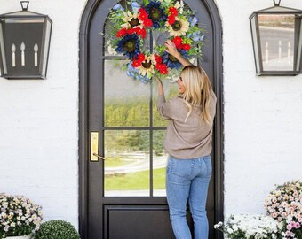 18.9inch 4th of July Independence Day Artificial Sunflower Red White and Blue Hydrangea Wreath Memorial Day Flag Day Hanging Decorations