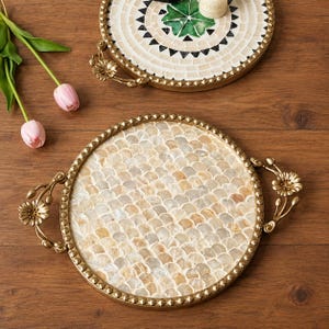 Vintage Shell Mosaic Tray, Gold Floral Handle Decorative Tray, Round Mother of Pearl Style Tray, French Vintage Home Decor, Elegant Gift