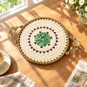 Vintage Shell Mosaic Tray, Gold Floral Handle Decorative Tray, Round Mother of Pearl Style Tray, French Vintage Home Decor, Elegant Gift