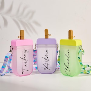Back to School Gift,Personalized Kids Popsicle Water Bottle with Straw and Strap,Kids School Gift,Party Favors For Kids,Summer Camp