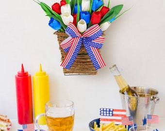 2Pc Patriotic Memorial Bouquet Artificial Flowers, Red White and Blue Artificial Tulips with American Flags Fourth of July Memorial Day