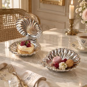 Puede incluir: Dos platos de metal plateado con forma de conchas marinas abiertas y bordes festoneados. Uno contiene un pequeño pastel redondo con frambuesas frescas y crema, mientras que el otro tiene un macarrón rosa, una galleta y frambuesas.