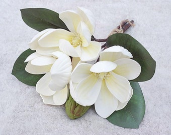 White Flowers 1 Bunch of Magnolia Flower 3 Flowers and 1 Fruit, Artificial Magnolia for Home Wedding Decoration Fake Flowers