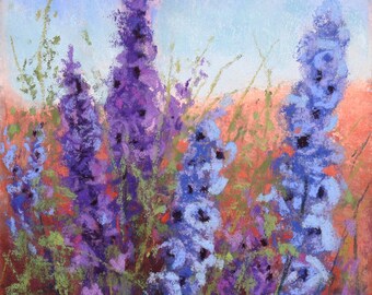 Original Pastel Painting / Purple and Blue Delphiniums / 6" x 8"/ Susan Jenkins