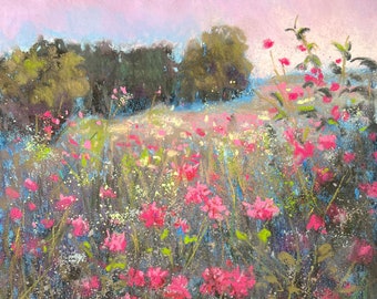 Original Pastel Painting / Pink Flower Field / 8" x 10" / Susan Jenkins