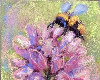 Original Pastel Painting / Bee and Flower /3" x 9.5"" / Susan Jenkins