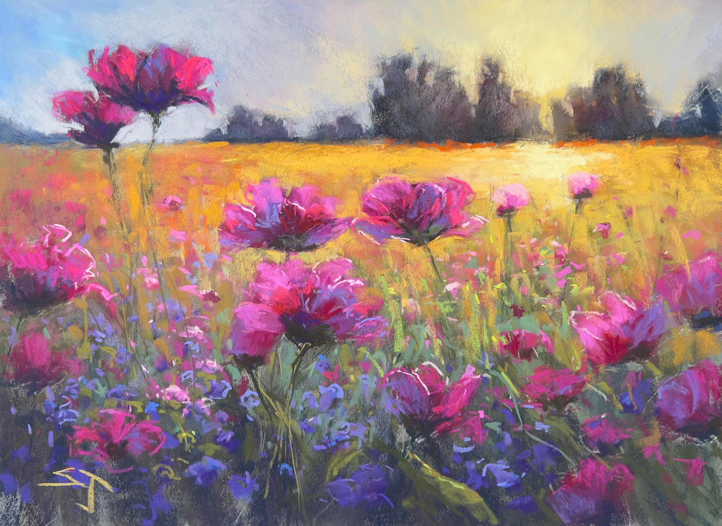 Pastel Painting / Pink Flowers in Sunset Glow / 16 X Etsy