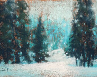Original Pastel Painting / Evergreens in Winter / 5.25" x 7.25" / Susan Jenkins