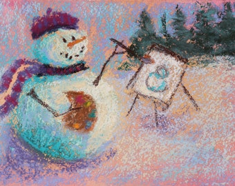 Original Pastel Painting / Artistic Snowman / 6.5" x 4.5" / Susan Jenkins