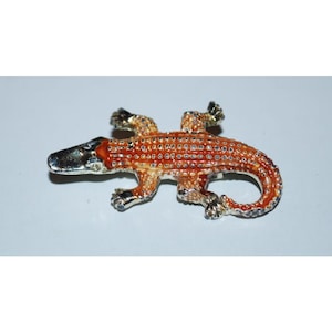Vintage Alligator Crocodile Pin Brooch Brown Enamel Silver-tone