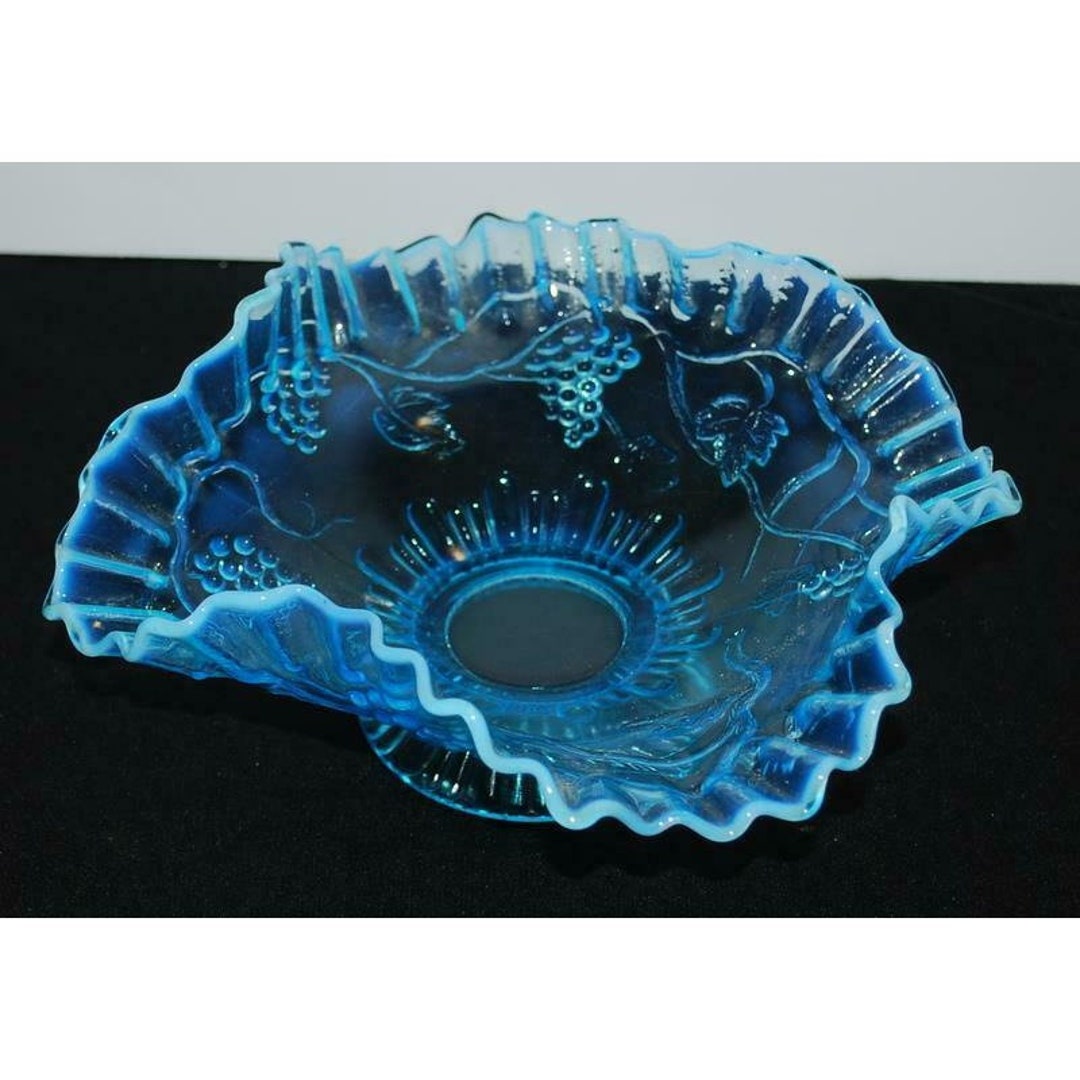 Vintage Fenton Blue Ruffle Bowl Footed Grapes & Leaves - Etsy