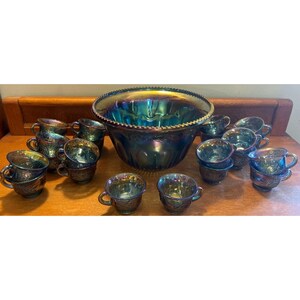 Indiana Glass Carnival Punch Bowl Set Iridescent Purple Blue Grape Harvest 22 Cups