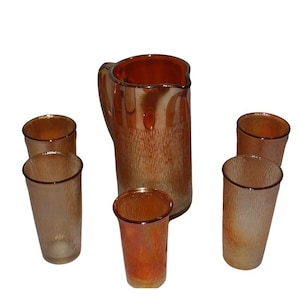 Vintage Carnival Glass Water Pitcher & 5 Drinking Glasses Iridescent Amber