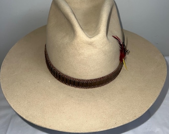Vintage Stetson Hat 3X Beaver Tan Cowboy Western Brimmed Feather