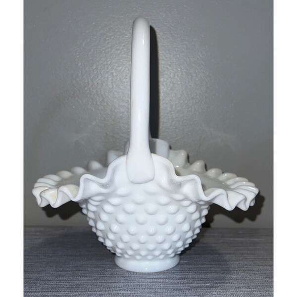 Vintage Fenton Hobnail White Milk Glass Basket Ruffled Edge Easter