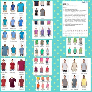 May include: A chart of Gildan 64000 t-shirt colours. The chart shows 36 different colours, including Heather Sapphire, Heather Royal, Antique Sapphire, Carolina Blue, Iris, Cherry Red, Heather Cardinal, Red, Maroon, Cardinal, White, Natural, Sport Grey, Charcoal, Dark Heather, Comsilk, and more. The chart also includes the Gildan brand logo and information about the t-shirt's material, weight, and size.