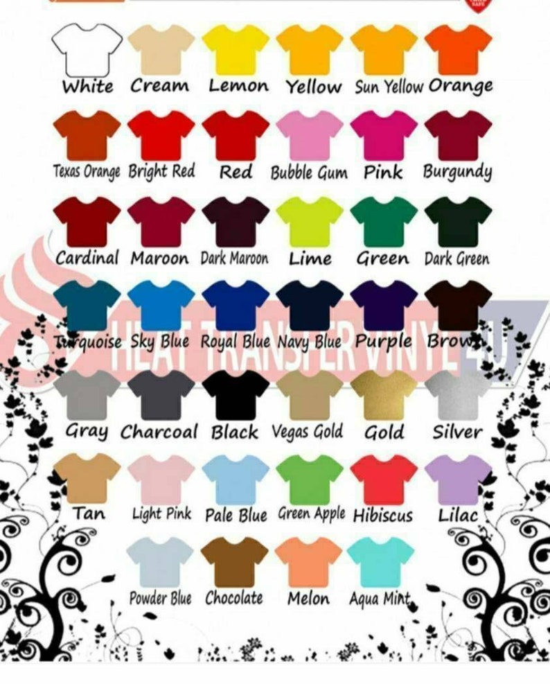 May include: A chart showing 36 different coloured t-shirts with the names of each colour listed below. The colours include white, cream, lemon, yellow, sun yellow, orange, Texas orange, bright red, red, bubble gum, pink, burgundy, cardinal, maroon, dark maroon, lime, green, dark green, turquoise, sky blue, royal blue, navy blue, purple, brown, grey, charcoal, black, Vegas gold, gold, silver, tan, light pink, pale blue, green apple, hibiscus, lilac, powder blue, chocolate, melon, and aqua mint.