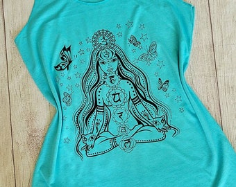 Tanque da Deusa Chakra, camisa chakra, tanque de ioga, cura com cristal, tanque de iogue, tanque de meditação