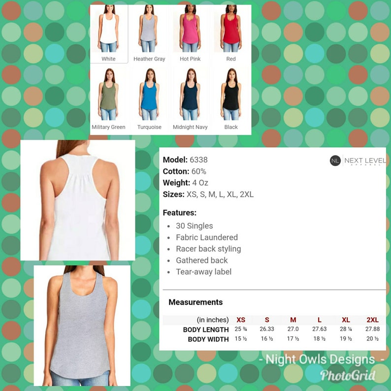 May include: A white racerback tank top with a scoop neck. The tank top is made of 60% cotton and has a tear-away label. The size chart shows measurements in inches for XS, S, M, L, XL, and 2XL.