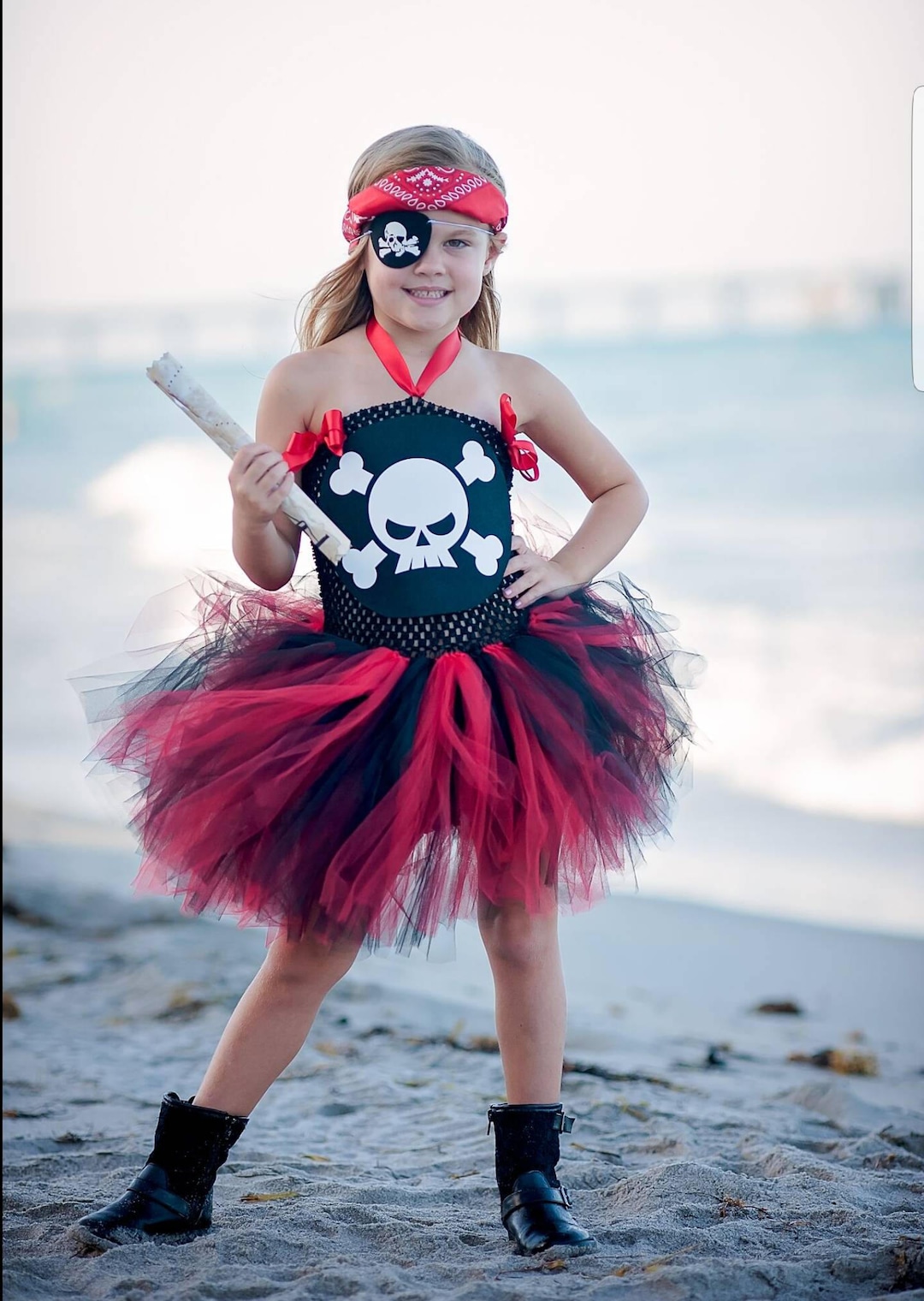 Costume Pirate Fille - Robe Rouge Et Noire + Chapeau + Cache-Œil + Sac - Déguisement Halloween Anniversaire