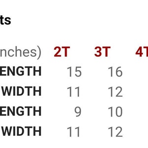 May include: A chart showing measurements in inches for a garment in sizes 2T through 6T. The measurements include body length, body width, sleeve length, and width.