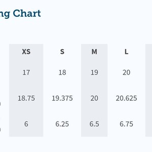 May include: Sizing chart for clothing with measurements in inches for body width, body length, and sleeve length. Sizes include XS, S, M, L, and XL.