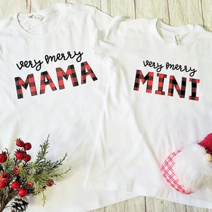 Very Merry Mama, Very Merry Mini, Mama and Mini Matching Buffalo Plaid Christmas Tee Shirts, Mommy and Me Christmas Tshirts