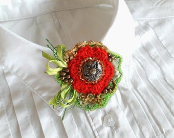 LIVRAISON GRATUITE ! Broche fleur rouge, broche au Crochet, Boho rouge broche, broche de cadeau de Noël, broche de cadeau d’anniversaire, broche de cadeau pour elle,