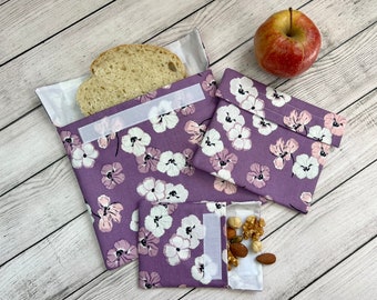 Boho Flower Reusable Snack and Sandwich Bags, Reusable Snack Bag Set of Three, Snack Bags, Reusable bags