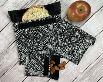 Boho Black and White Reusable Snack and Sandwich Bags, Reusable Snack Bag Set of Three, Snack Bags, Reusable bags
