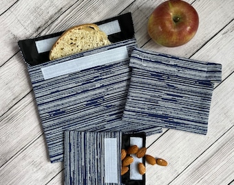 Blue and White Reusable Snack and Sandwich Bags, Reusable Snack Bag Set of Three, Snack Bags, Reusable bags