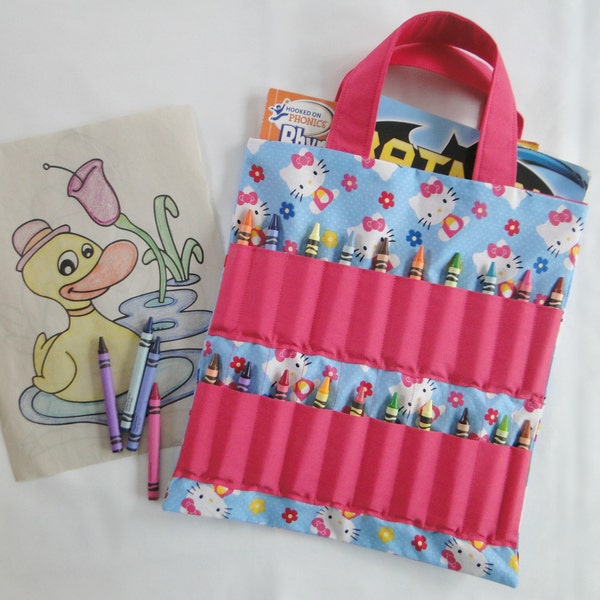 Hello Kitty Coloring Book and Crayon Holder Bag/Tote, Kids Bag, Birthday Gift, Art Bag, Activity Bag
