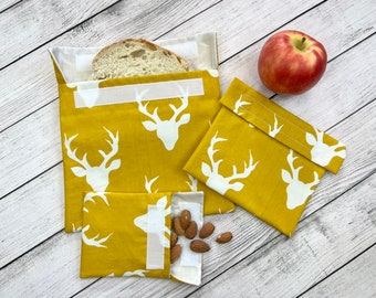 Boho Deer Reusable Snack and Sandwich Bags, Reusable Snack Bag Set of Three, Snack Bags, Reusable bags