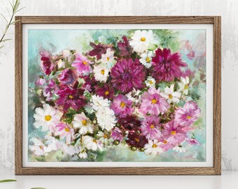 Peut inclure: Une peinture encadrée d'un bouquet de fleurs roses, blanches et violettes. Les fleurs sont disposées dans un style lâche et naturel, sur un fond bleu-vert doux.