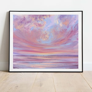 May include: A painting of a pink and purple sunset over a calm body of water. The sky is filled with fluffy clouds, and the water reflects the colors of the sky.