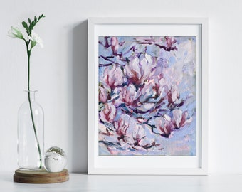 Magnolia Art Print, Floral Painting, Flower wall art, Lilac Painting by Katie Jobling