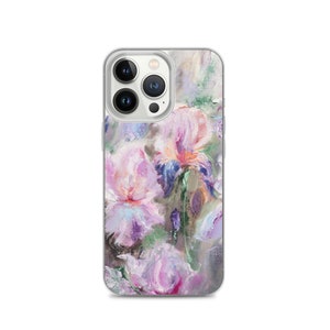 Peut inclure: Une coque de téléphone transparente avec un motif floral. Le motif présente des fleurs roses, violettes et vertes dans un style pictural.