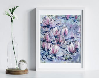 Magnolia Art Print, Floral Painting, Flower wall art, Lilac Painting by Katie Jobling