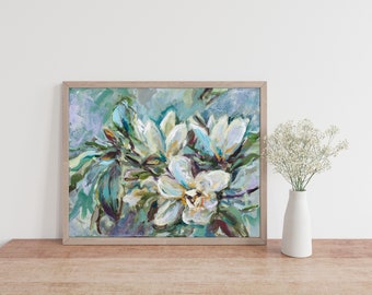 Magnolia Art Print, bloemenschilderij, kunst aan de muur bloem, Golden Hour schilderij van Katie Jobling
