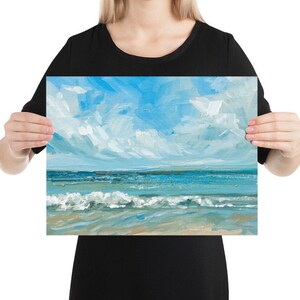 May include: A painting of a seascape with blue water, white waves, and a light blue sky with white clouds.