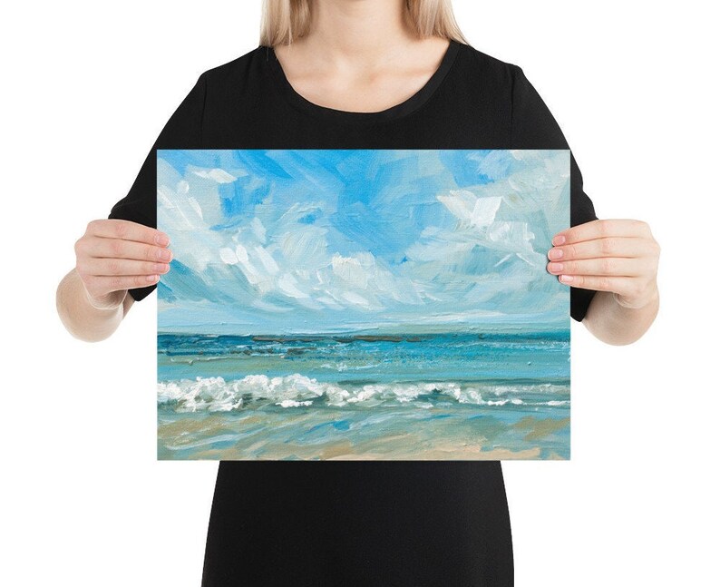May include: A painting of a seascape with blue water, white waves, and a light blue sky with white clouds.