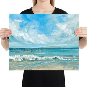 May include: A painting of a seascape with blue water, white waves, and a light blue sky with white clouds.