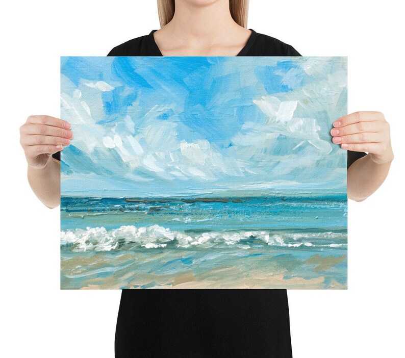 May include: A painting of a seascape with blue water, white waves, and a light blue sky with white clouds.