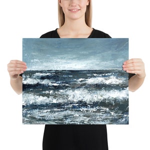 May include: A painting of a stormy sea with whitecaps and a dark blue sky. The painting is done in a textured style, giving the impression of rough waves.