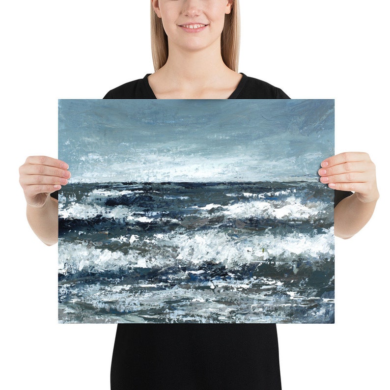 May include: A painting of a stormy sea with whitecaps and a dark blue sky. The painting is done in a textured style, giving the impression of rough waves.